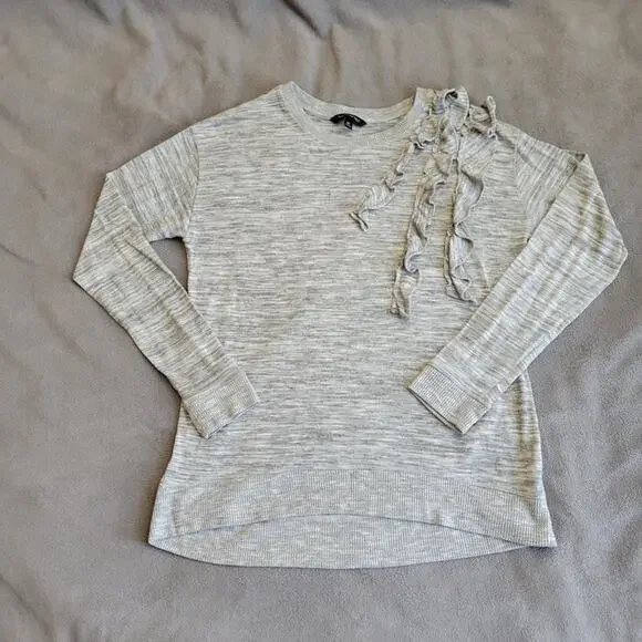 BANANA REPUBLIC Shirt Womens Medium Gray Long Sleeve Speckled Ruffle Hem - Picture 1 of 13